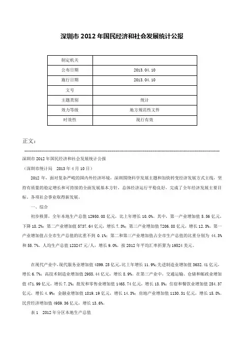 深圳市2012年国民经济和社会发展统计公报-