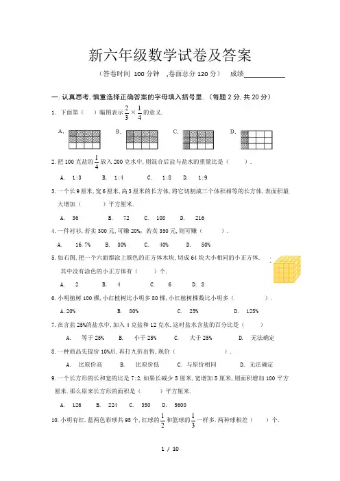 新六年级数学试卷及答案