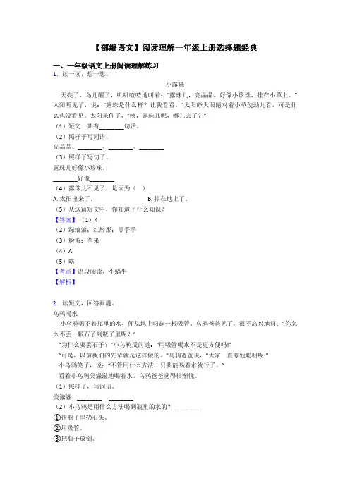 一年级【部编语文】阅读理解一年级上册选择题经典