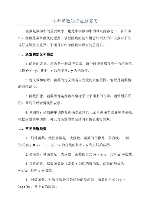 中考函数知识点总复习