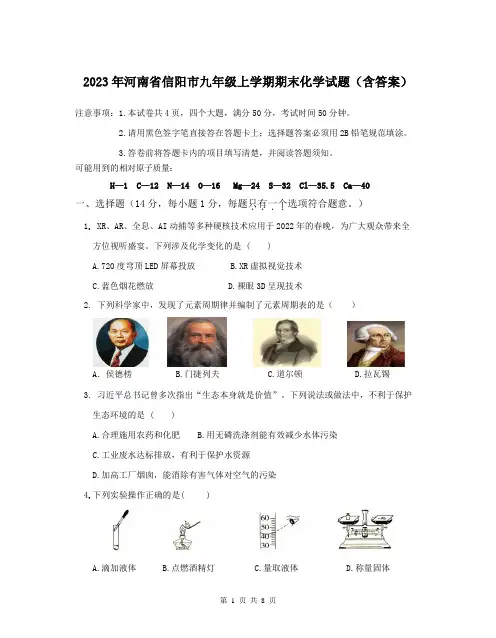 2023年河南省信阳市九年级上学期期末化学试题(含答案)