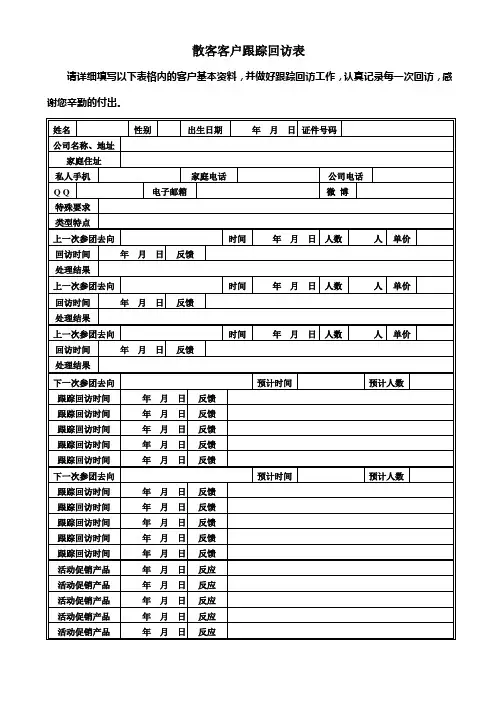 旅行社旅客散客客户旅游跟踪回访表