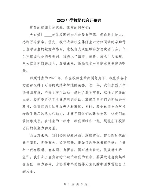 2023年学校团代会开幕词