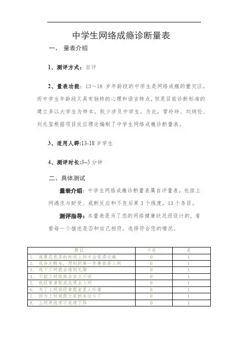 中学生网络成瘾诊断量表