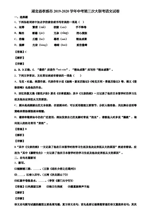 湖北省孝感市2019-2020学年中考第三次大联考语文试卷含解析