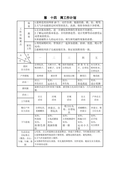 幼儿园中班第一学期十四周计划