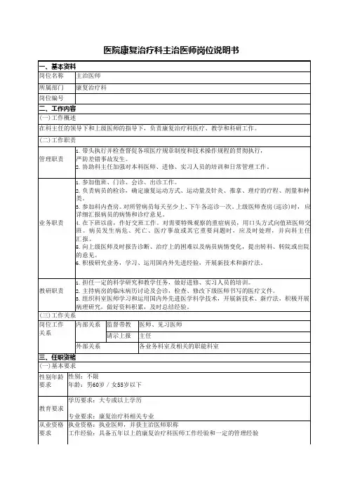 医院康复治疗科主治医师岗位说明书