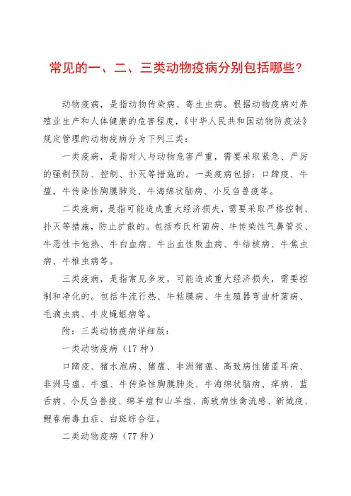 常见的一、二、三类动物疫病分别包括哪些