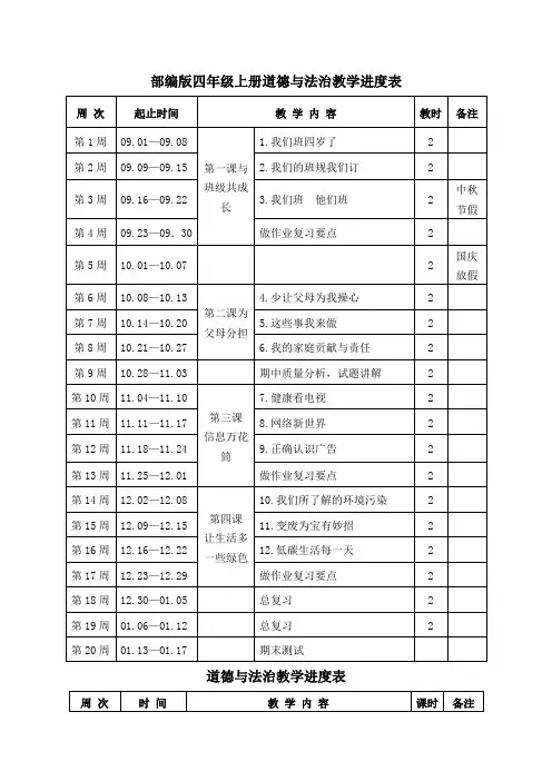 部编版四年级上册道德与法治教学进度表