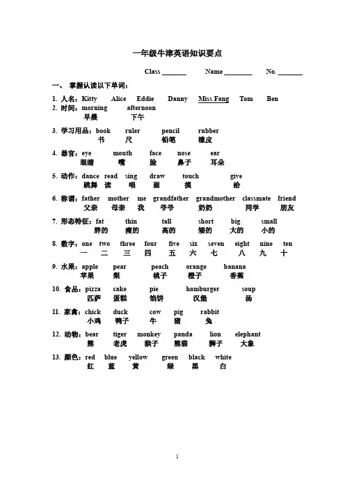 牛津1A复习提纲1