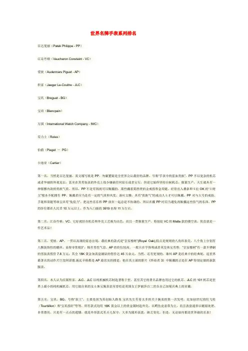 世界名牌手表排名