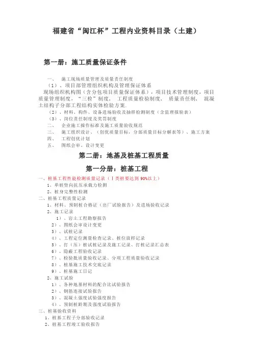 福建省“闽江杯”工程内业资料目录(土建)
