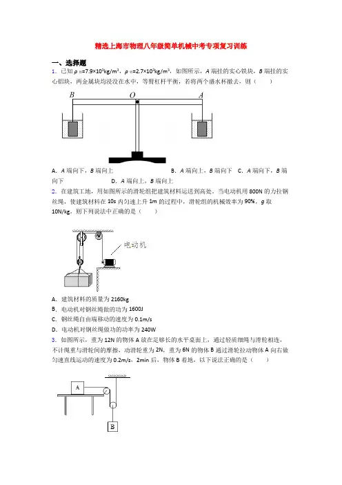 精选上海市物理八年级简单机械中考专项复习训练