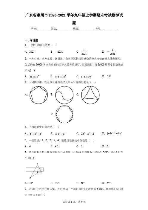 广东省惠州市2020-2021学年九年级上学期期末考试数学试题