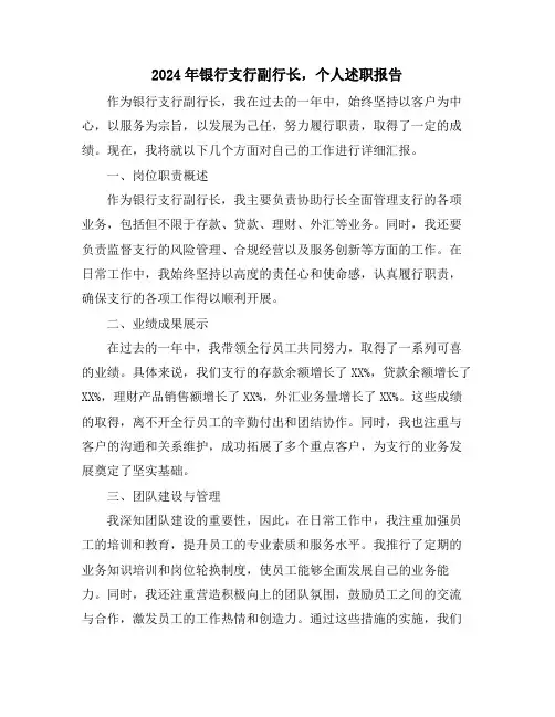 2024年银行支行副行长,个人述职报告