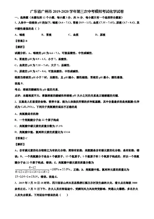广东省广州市2019-2020学年第三次中考模拟考试化学试卷含解析