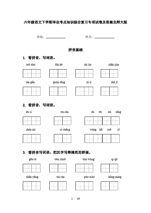 六年级语文下学期毕业考点知识综合复习专项试卷及答案北师大版