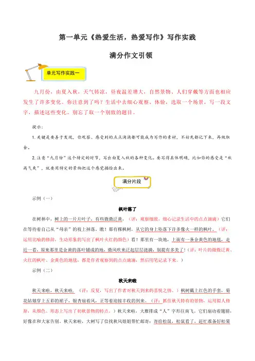 专题03 满分范文引领-七年级语文上册单元写作深度指导(部编版)