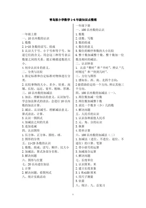 青岛版小学数学知识汇总