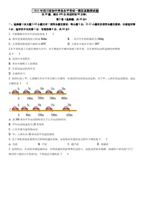 2023年四川省(初中学业水平考试)中考一模仿真物理试卷含详解
