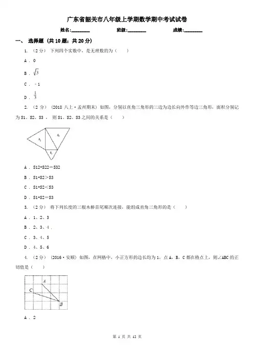 广东省韶关市八年级上学期数学期中考试试卷