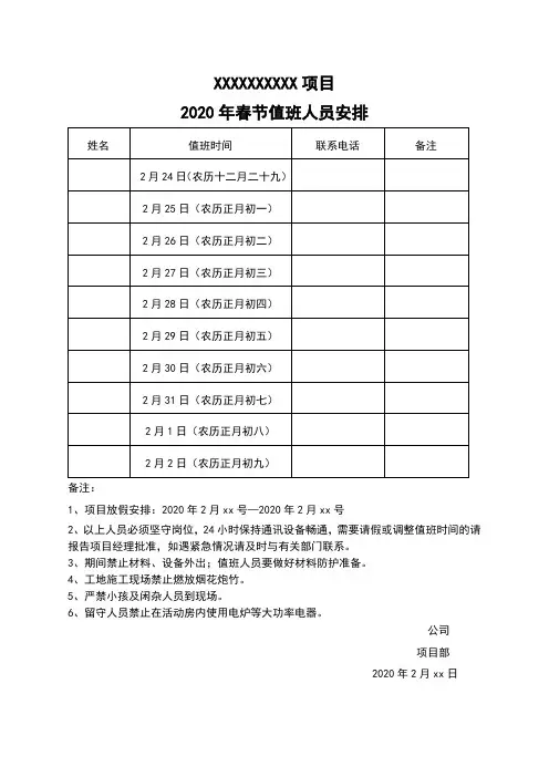 【值班表】建筑工地春节放假值班表