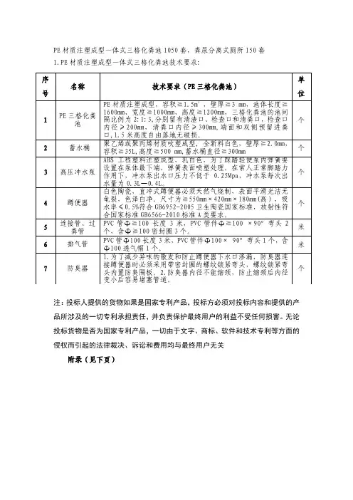 PE材质注塑成型一体式三格化粪池技术要求：