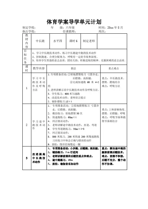 小学体育六年级《中长跑》单元计划