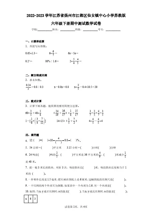 2022-2023学年江苏省扬州市江都区仙女镇中心小学苏教版六年级下册期中测试数学试卷(含答案解析)