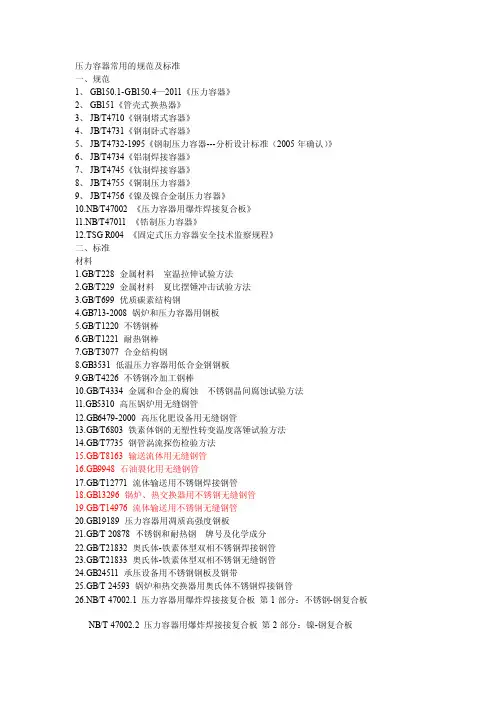 压力容器常用规范及标准