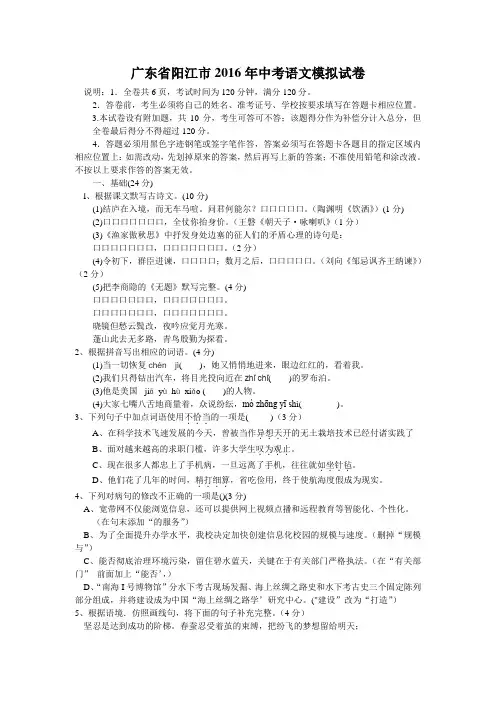 广东省阳江市2016年中考语文模拟试卷