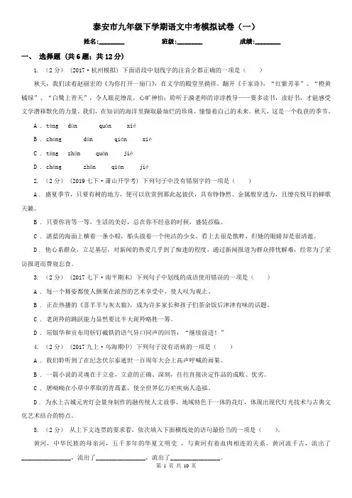 泰安市九年级下学期语文中考模拟试卷(一)