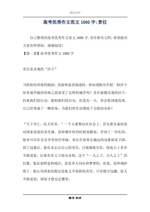 高考优秀作文范文1000字-责任