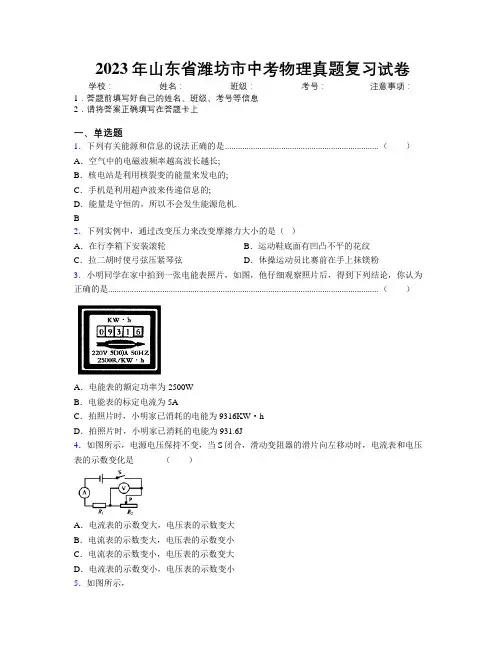 2023年山东省潍坊市中考物理真题复习试卷及解析