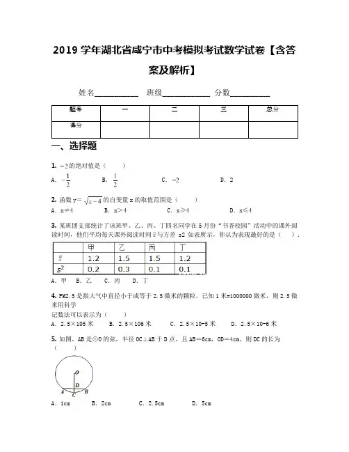 2019学年湖北省咸宁市中考模拟考试数学试卷【含答案及解析】