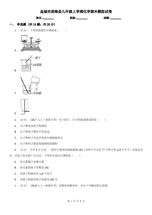 盐城市滨海县九年级上学期化学期末模拟试卷