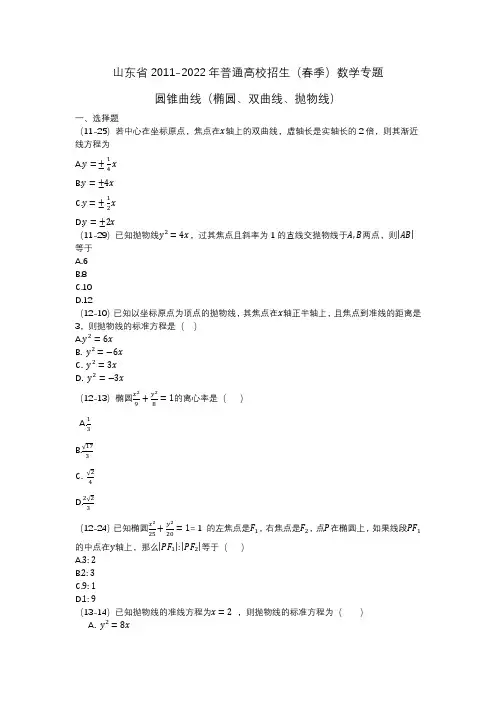 山东省2011-2022年普通高校招生(春季)数学试题专题之圆锥曲线(椭圆、双曲线、抛物线)