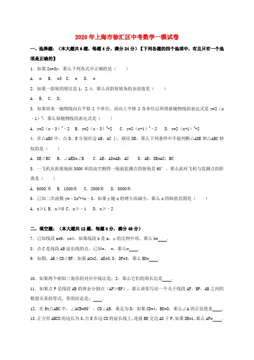 上海市徐汇区2020届中考数学一模试题有答案精析