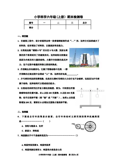 教科版小学科学六年级上册期末检测试卷及答案