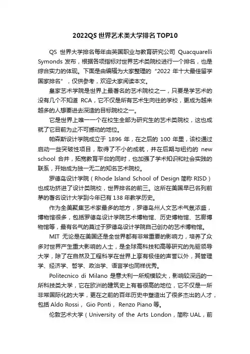 2022QS世界艺术类大学排名TOP10
