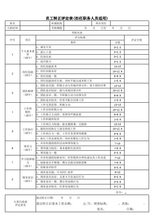 员工转正评定表(担任职务人员适用)
