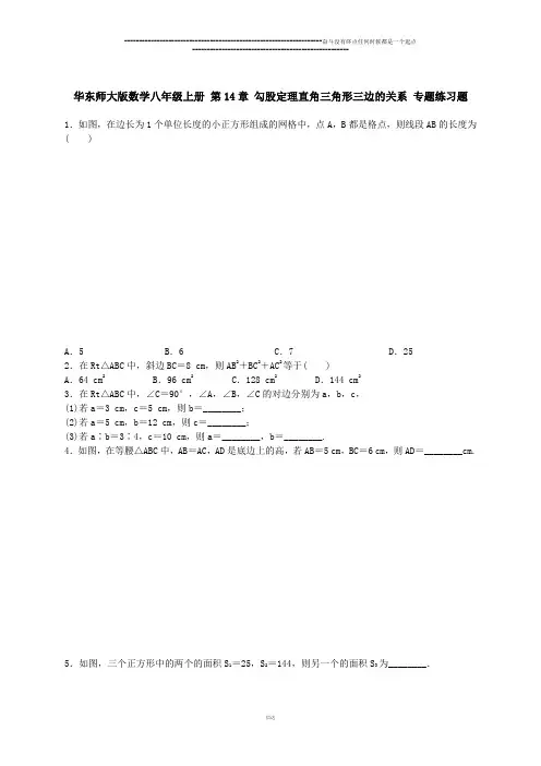 华师大版八年级数学上册 第14章 勾股定理直角三角形三边的关系 专题练习题