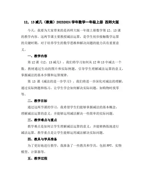 12,13减几(教案)2023-2024学年数学一年级上册西师大版