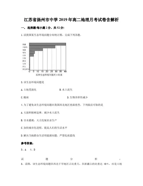 江苏省扬州市中学2019年高二地理月考试卷含解析
