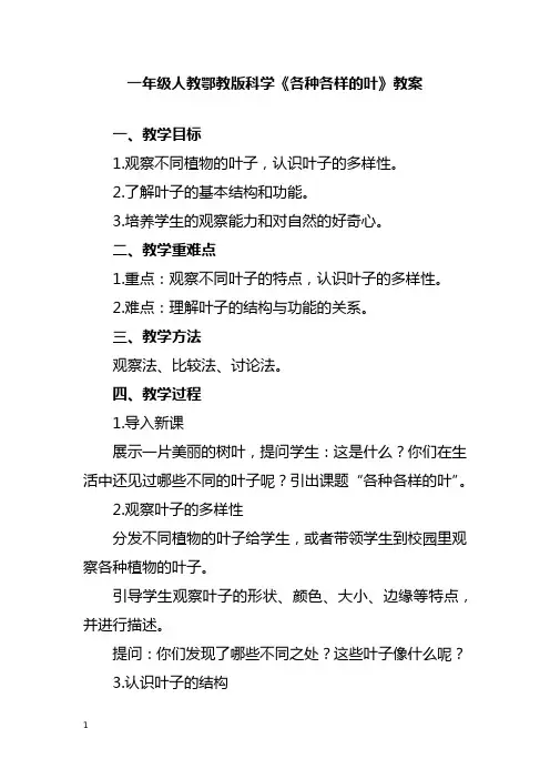 一年级人教鄂教版科学《各种各样的叶》教案