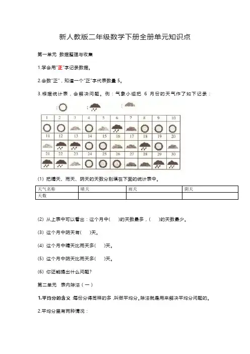 新人教版二年级数学下册全册单元知识点