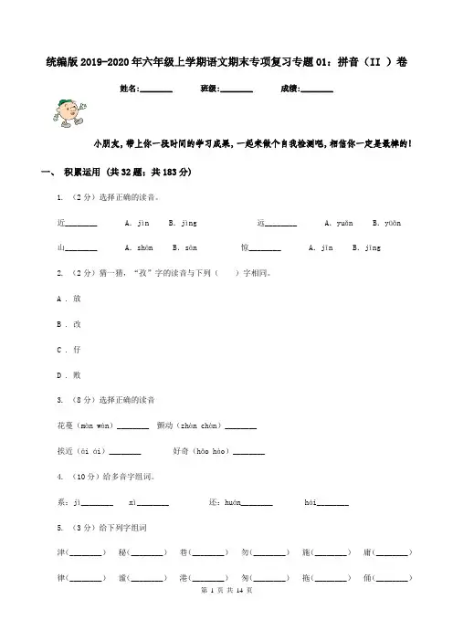 统编版2019-2020年六年级上学期语文期末专项复习专题01：拼音(II )卷