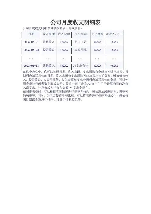 公司月度收支明细表