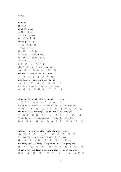 人教版小学一年级语文上册生字表(含拼音)Word版