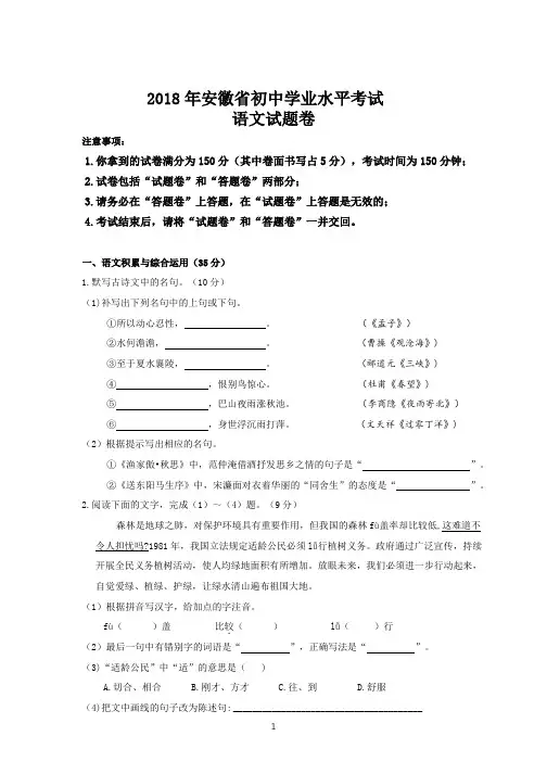 2018年安徽省中考语文试题
